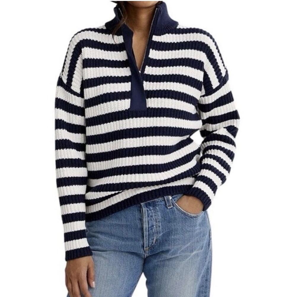 OUTERKNOWN  MONTAUK SWEATER Navy Blue White Stripe 100% Organic Cotton Medium